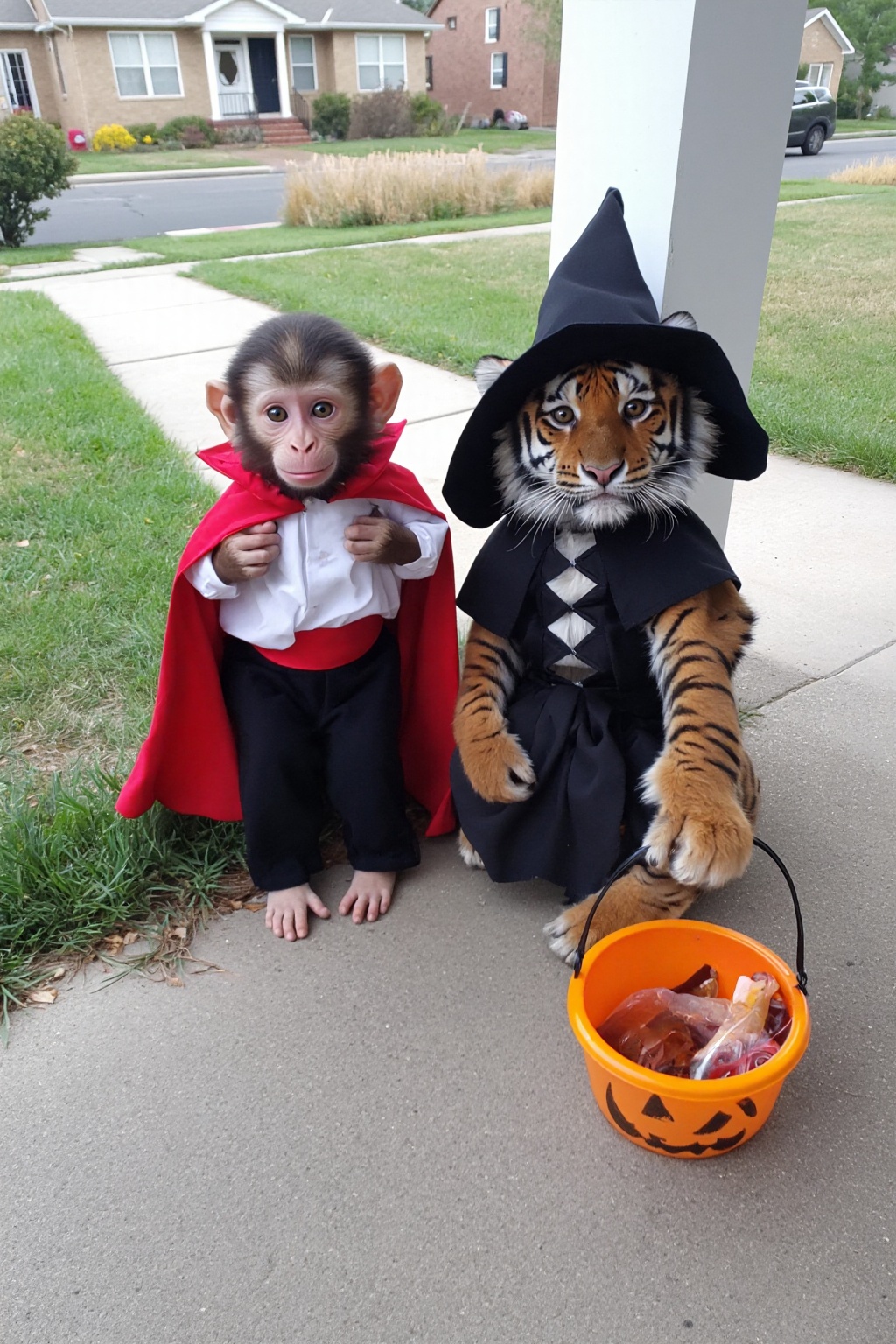 POV high view,  looking down outside front porch,  A photograph of a real young monkey in a Halloween vampire costume and...