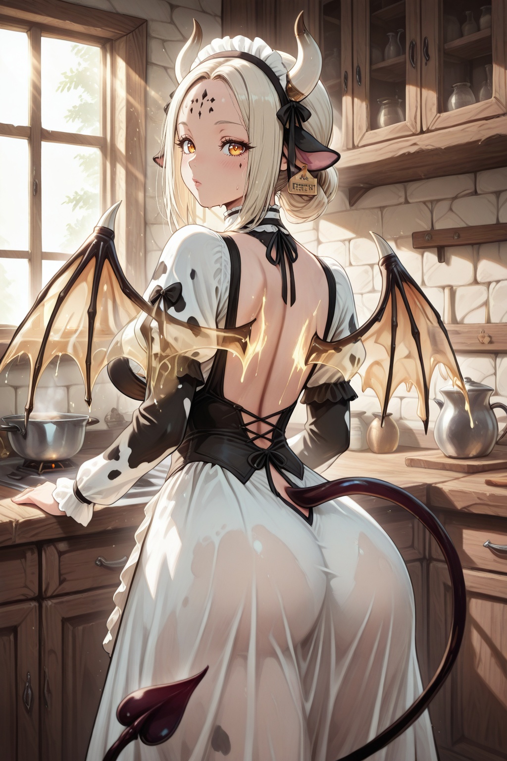 Create a scene where Gyumi,  dressed in a maid dress,  stands inside a rustic kitchen. The kitchen is adorned with natural...