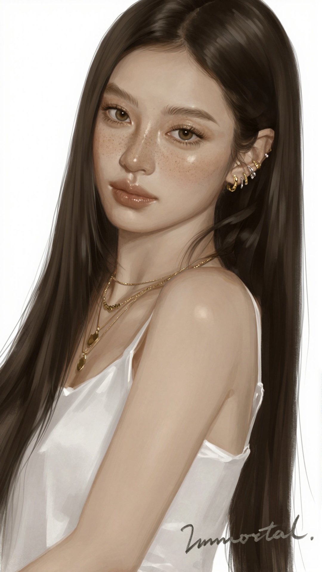 Straight-on close-up portrait of a young woman with long,  silky dark brown hair parted at the center,  falling smoothly b...