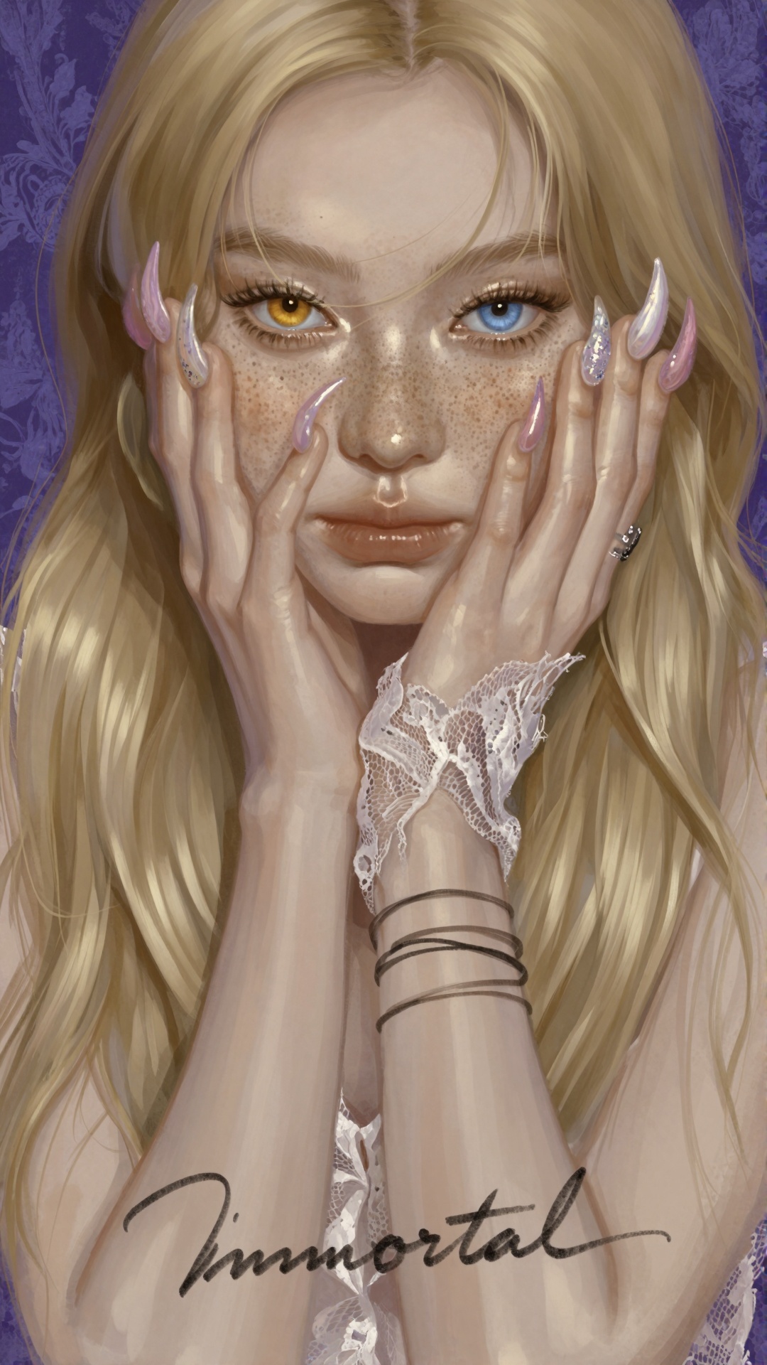 Straight-on extreme close-up portrait of a young woman with luminous porcelain-fair skin delicately dusted with dense natu...