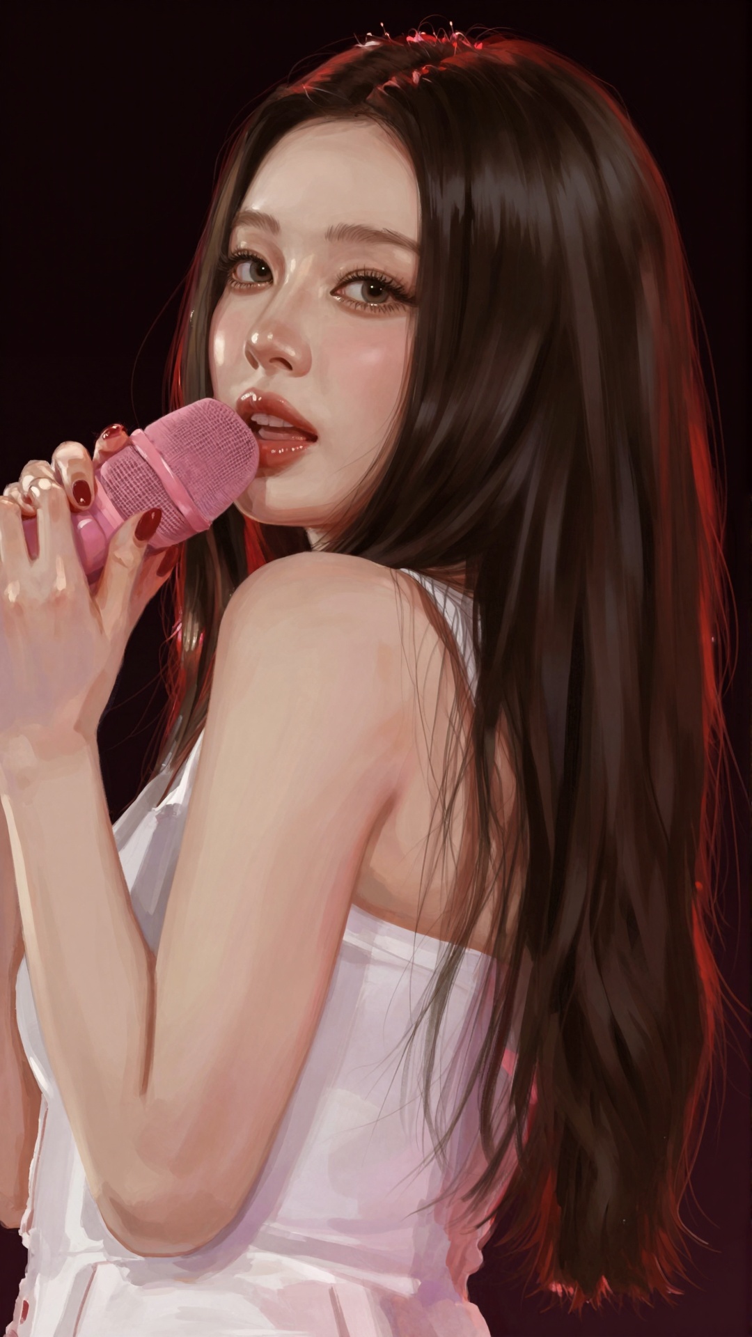 Three-quarter close-up portrait of a young woman turning gracefully over one shoulder while holding a pastel pink handheld...