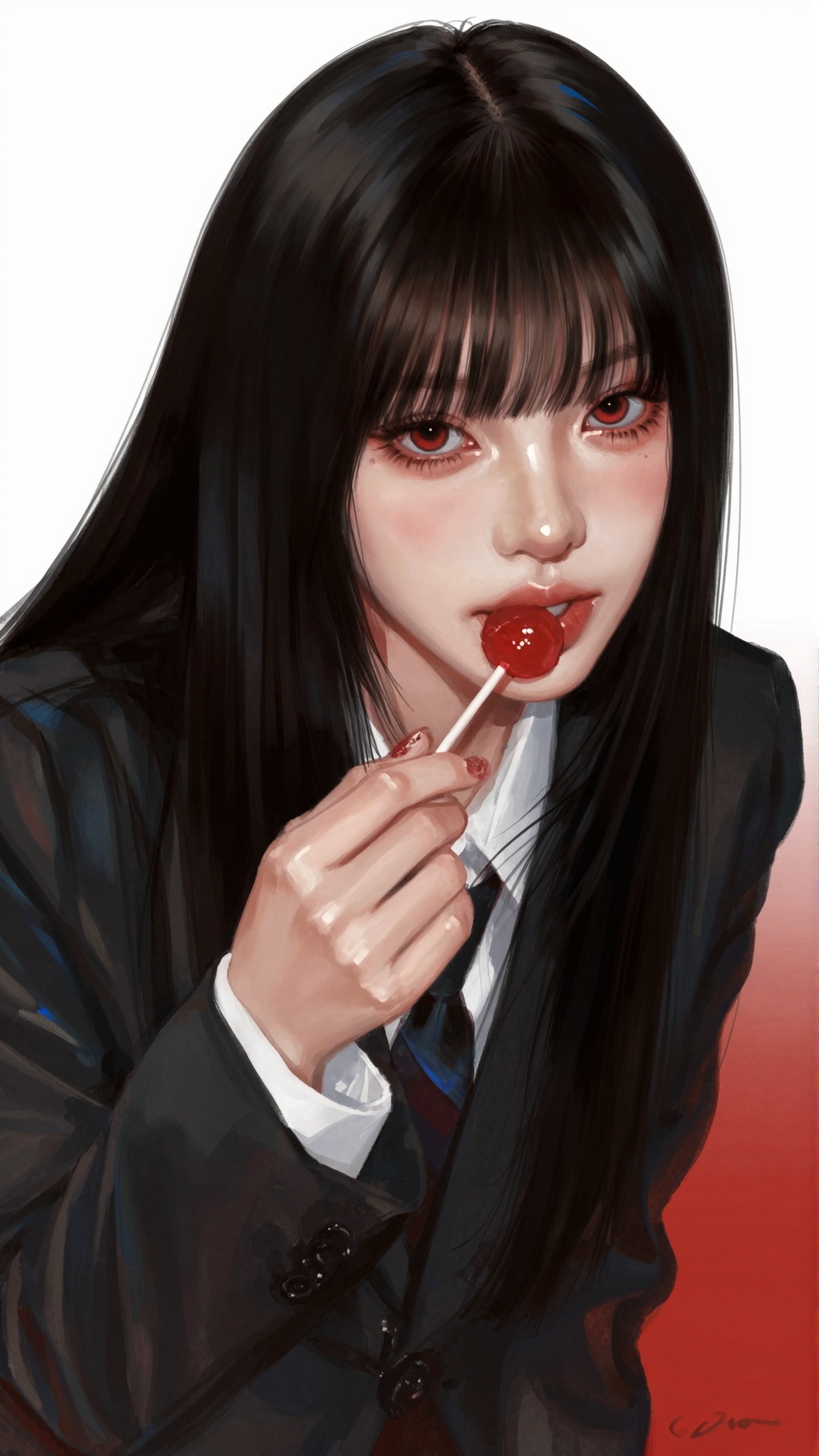 Viewed from a high angle,  a young woman with long,  straight black hair and full bangs looks intently upward. She holds a...