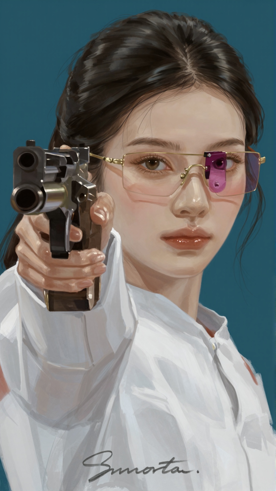 Straight-on close-up portrait of a young woman extending one arm directly toward the viewer while confidently aiming a mod...