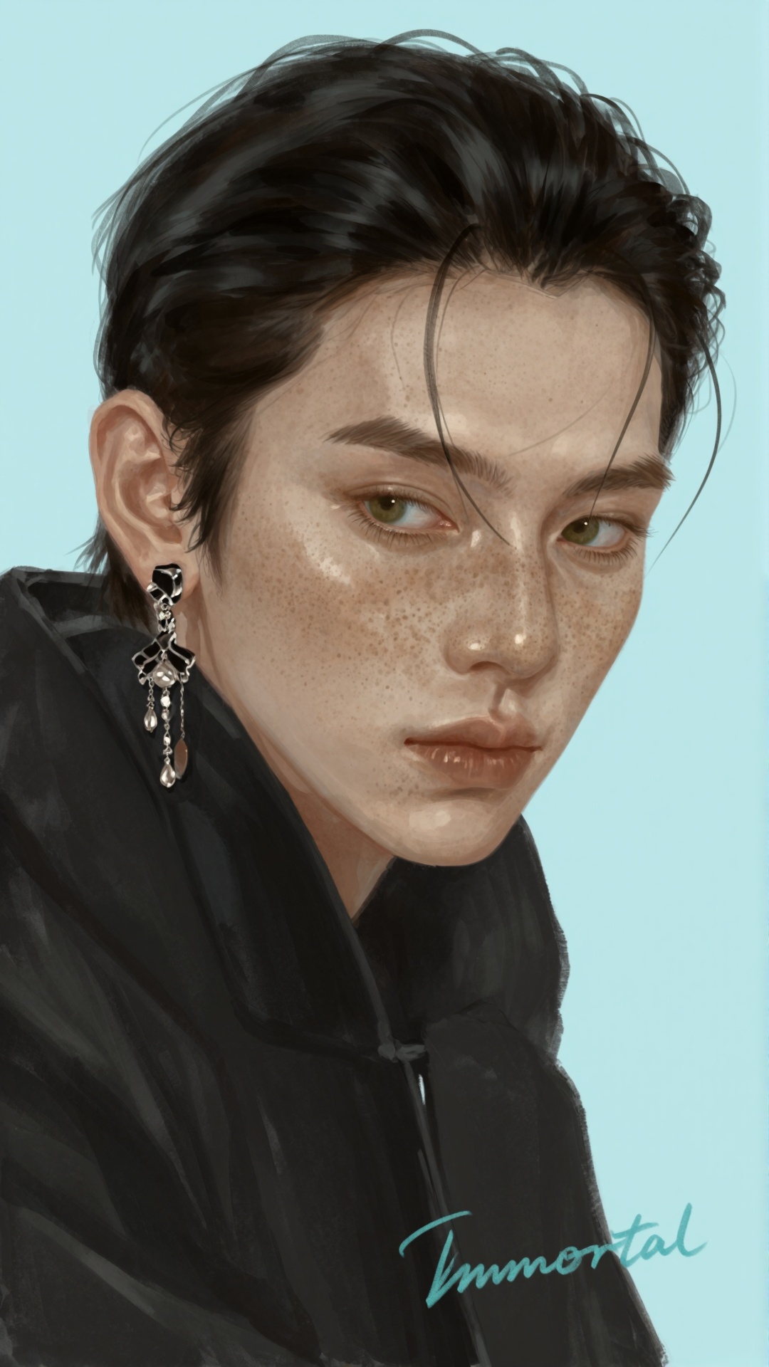 Straight-on close-up head-and-shoulders portrait of a young person with fair skin densely covered in soft natural freckles...