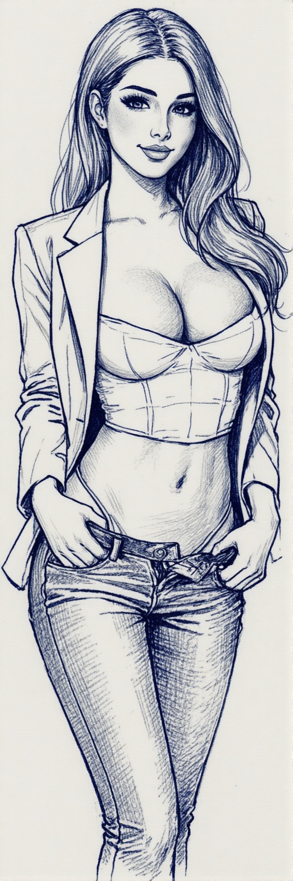 The image depicts a realistic anime-inspired sketch of a young woman with long,  flowing hair,  shown from above the knees...