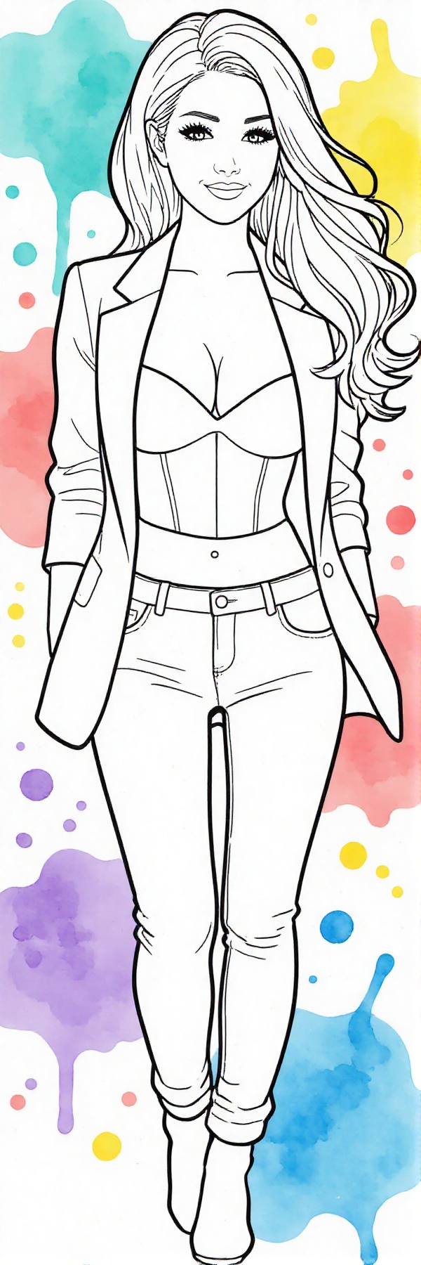 The image depicts a clean,  coloring book–style line illustration of a young woman with long,  flowing hair seen from abov...