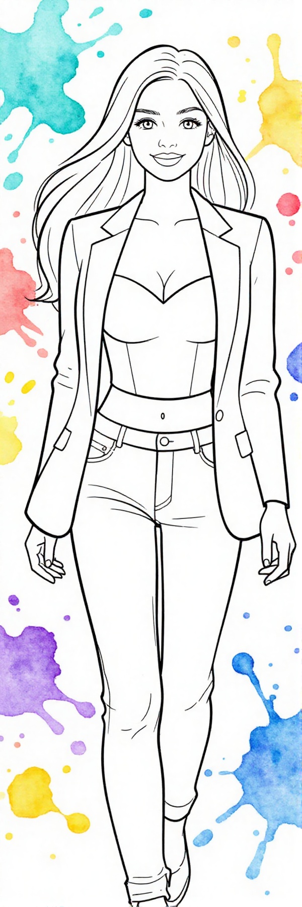 The image depicts a clean,  coloring book–style line illustration of a young woman with long,  flowing hair seen from abov...