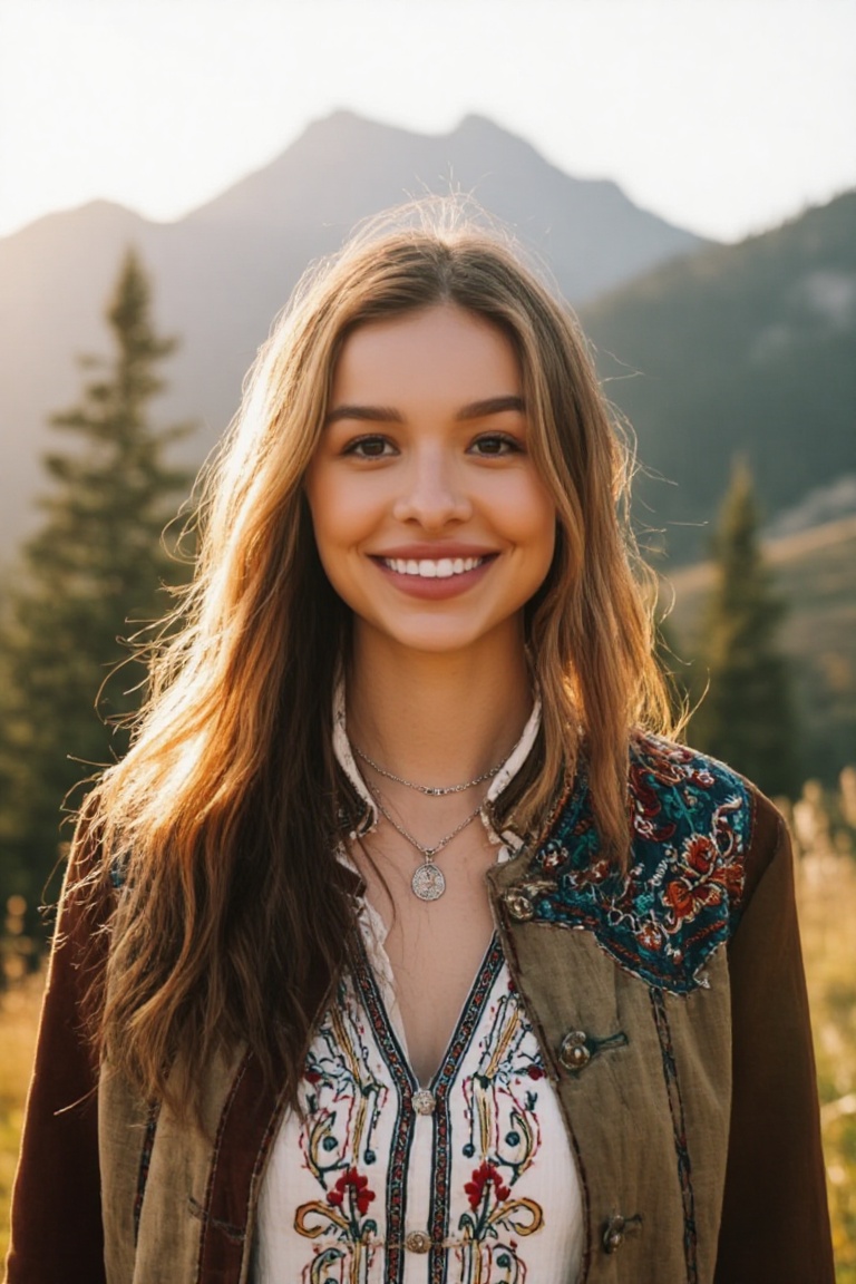 Professional editorial portrait photograph captured in a breathtaking mountainous landscape during golden-hour daylight. T...