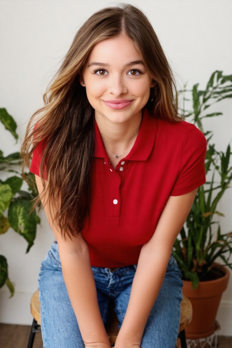 Create a realistic photograph of a beautiful young woman in a red polo and denim jeans as she sits upon a stool. Her lovel...
