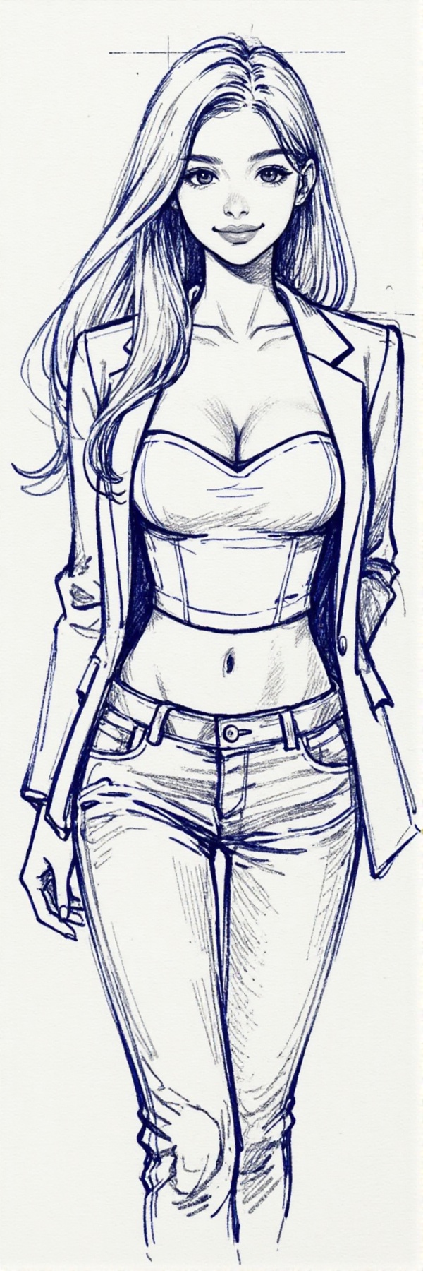 The image depicts a realistic anime-inspired sketch of a young woman with long,  flowing hair,  shown from above the knees...