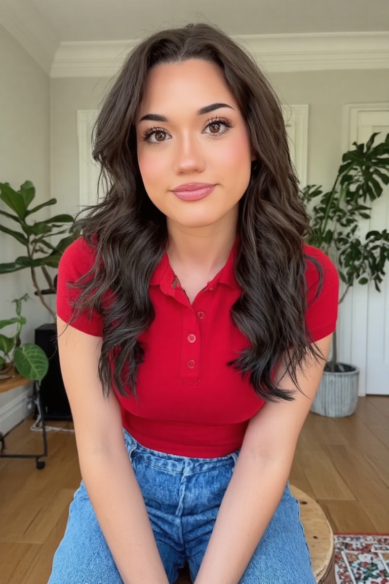 Create a realistic photograph of a beautiful young woman in a red polo and denim jeans as she sits upon a stool. Her lovel...