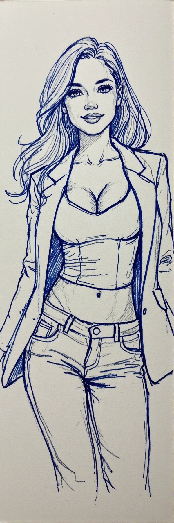 The image depicts a realistic anime-inspired sketch of a young woman with long,  flowing hair,  shown from above the knees...