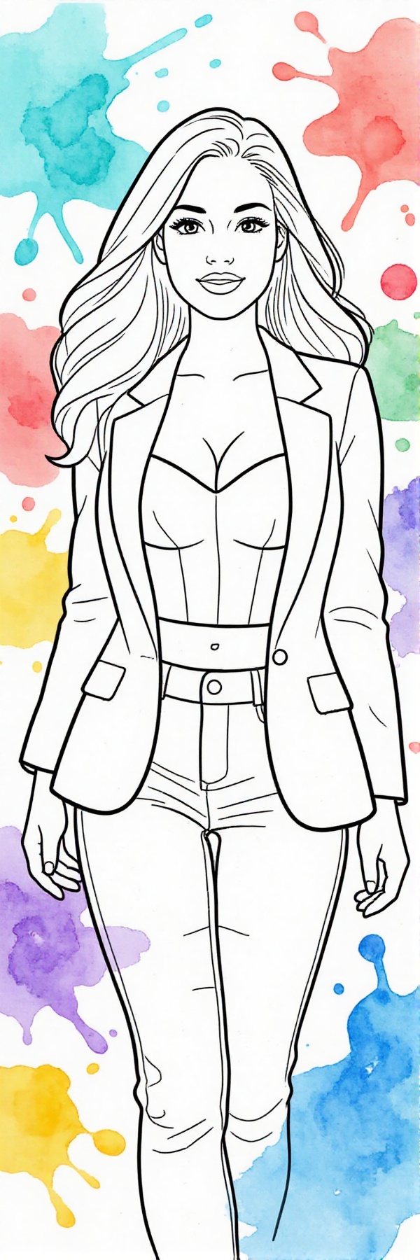 The image depicts a clean,  coloring book–style line illustration of a young woman with long,  flowing hair seen from abov...