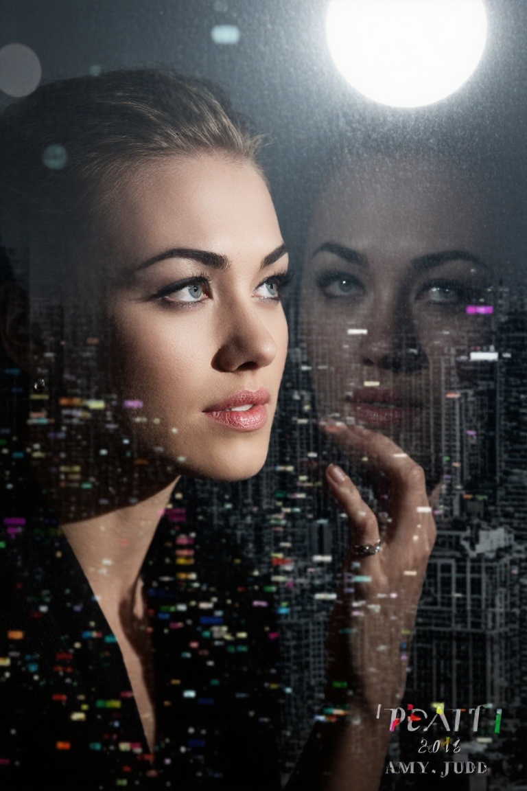 Award-winning color photo of a beautiful girl,  up close to a reflective window,  looking out at a beautiful cityscape whi...