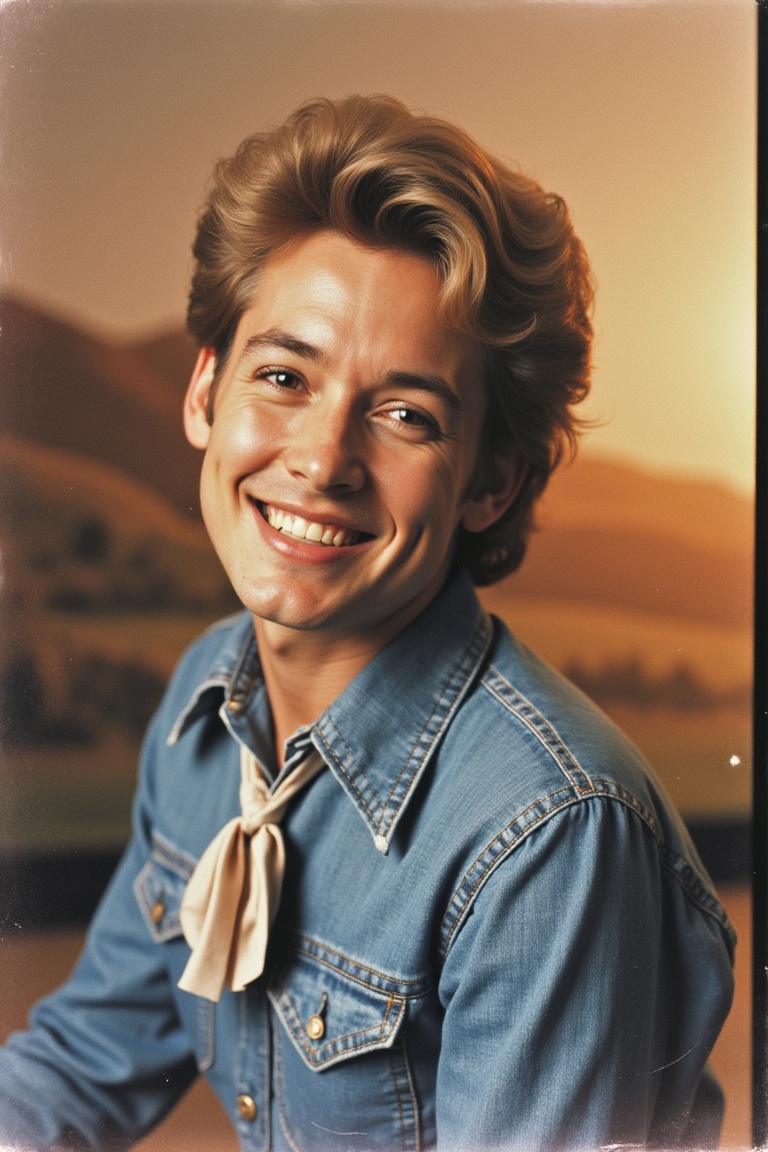Close-up studio portrait of a 1970s country singer with feathered hair,  denim shirt,  bolo tie on Tensor.Art