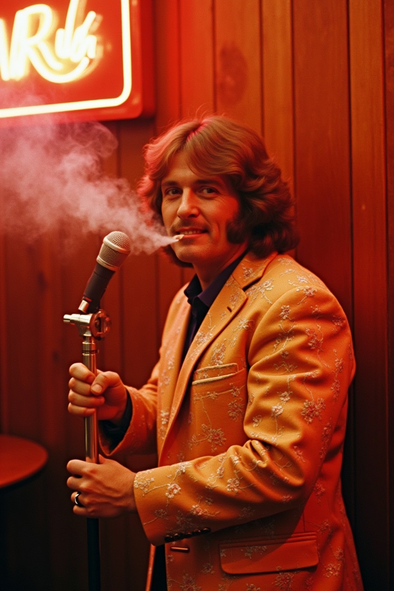 Medium shot of a charismatic 1970s country star performing under neon bar lights,  cigarette smoke drifting through the be...