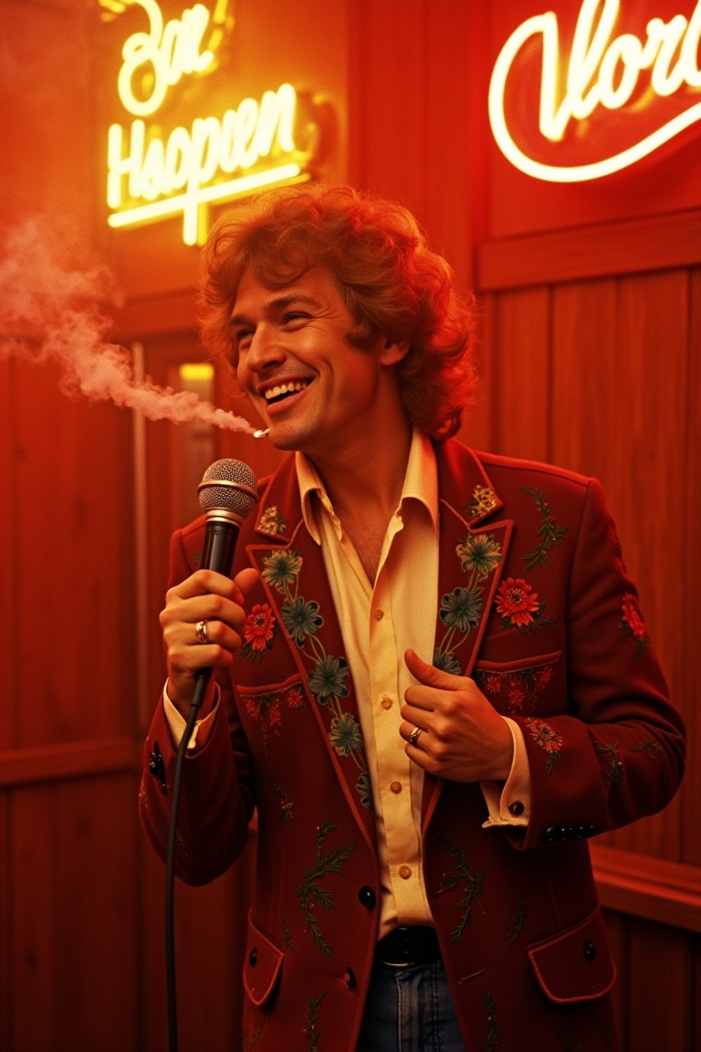Medium shot of a charismatic 1970s country star performing under neon bar lights,  cigarette smoke drifting through the be...