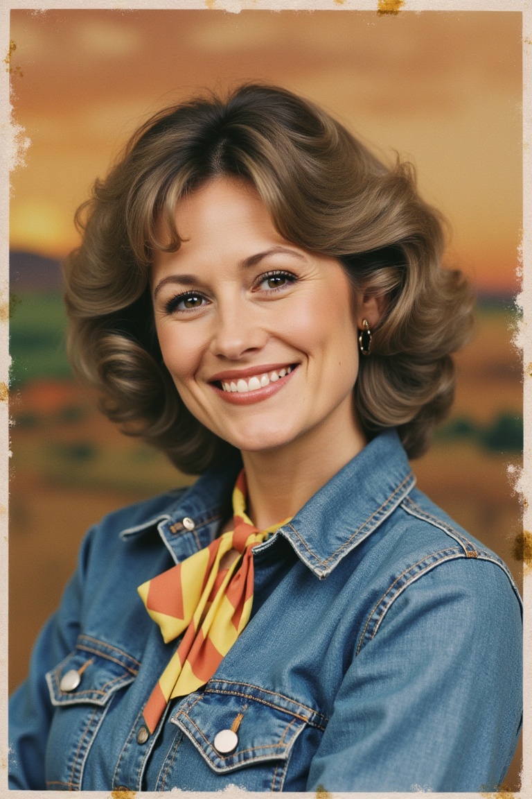 Close-up studio portrait of a 1970s country singer with feathered hair,  denim shirt,  bolo tie on Tensor.Art