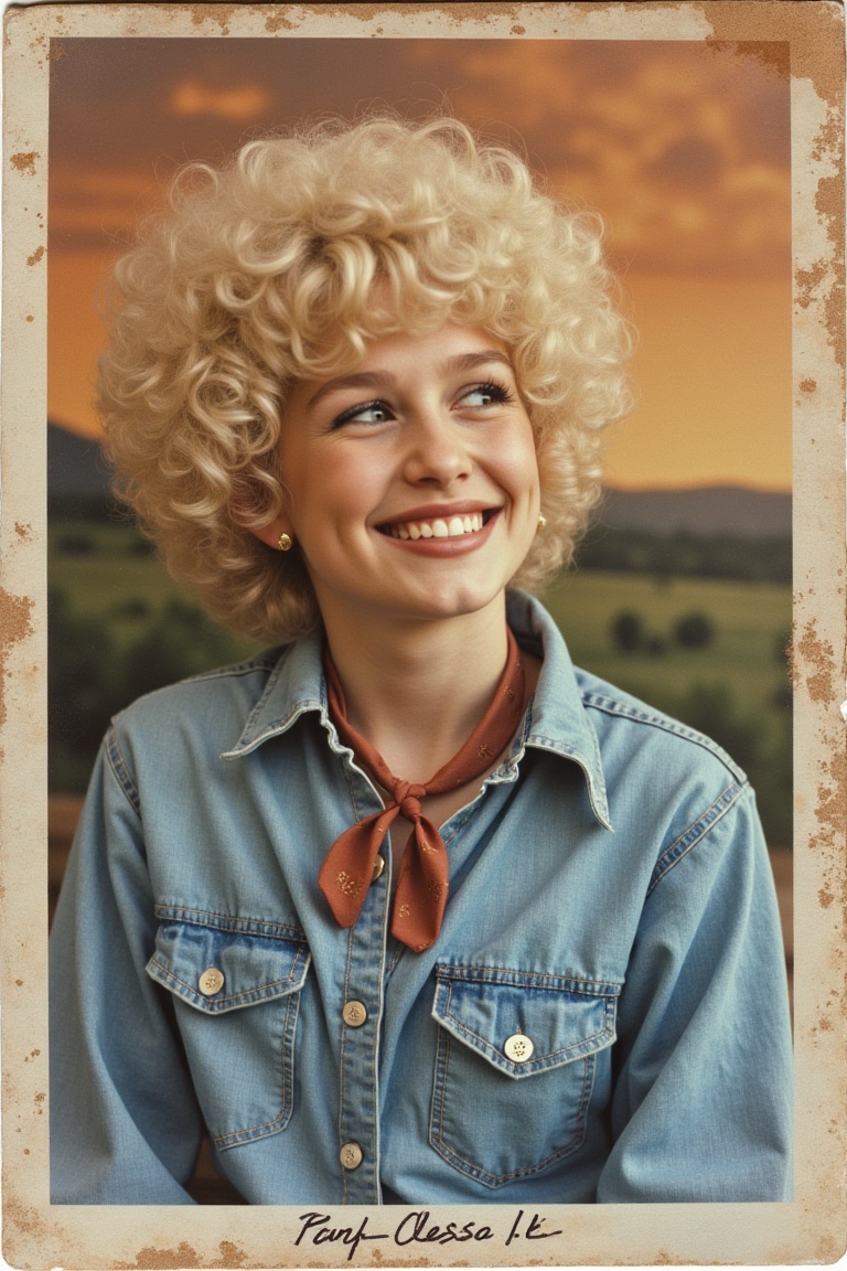 Close-up studio portrait of a 1970s young ountry singer with short curly blonde hair and a huge smile,  denim shirt,  bolo...