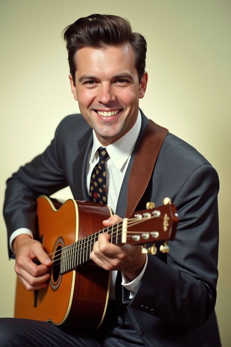 Crisp studio portrait of a 1950s country star smiling confidently,  pompadour hairstyle,  tailored suit on Tensor.Art