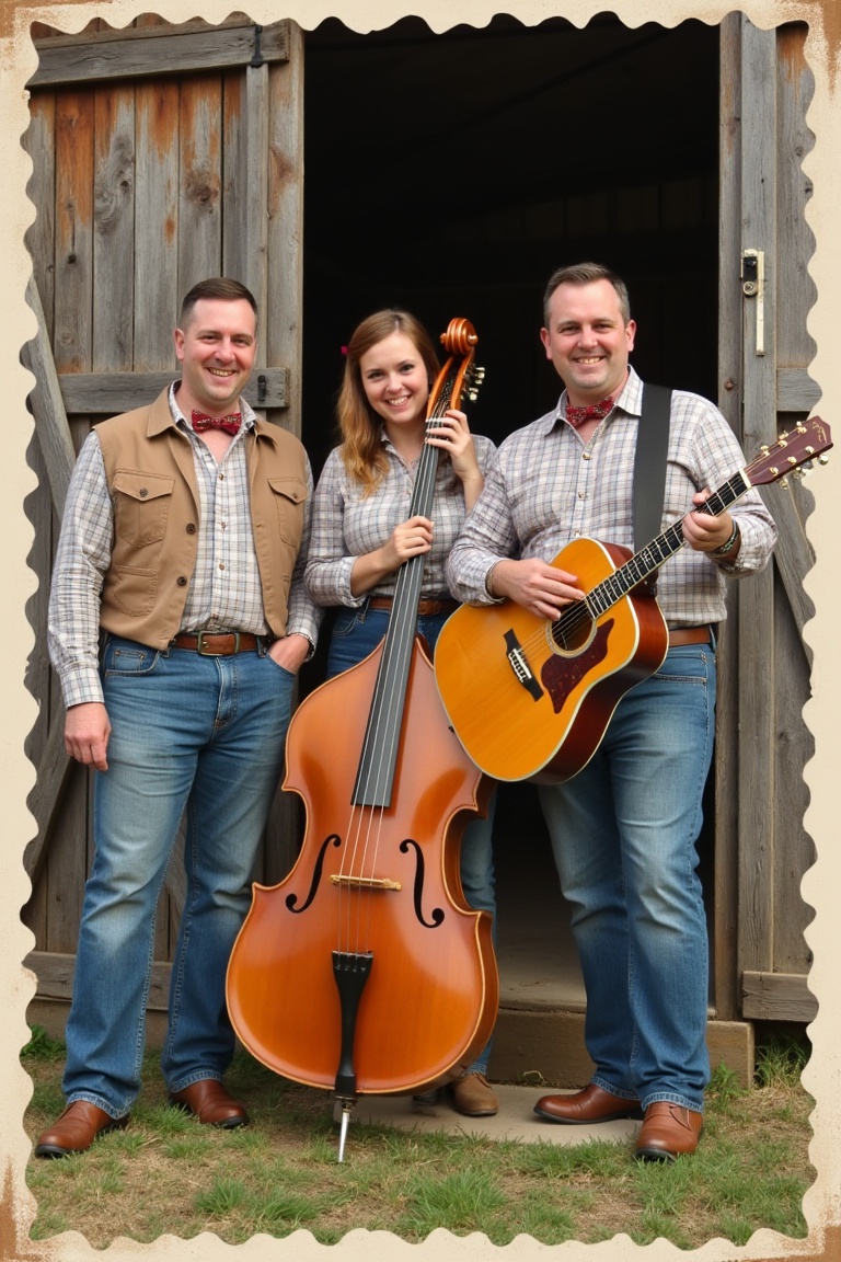 Medium-wide shot,  front-facing pose,  a duo or trio of 1950s country performers posing outside a weathered wooden barn. T...