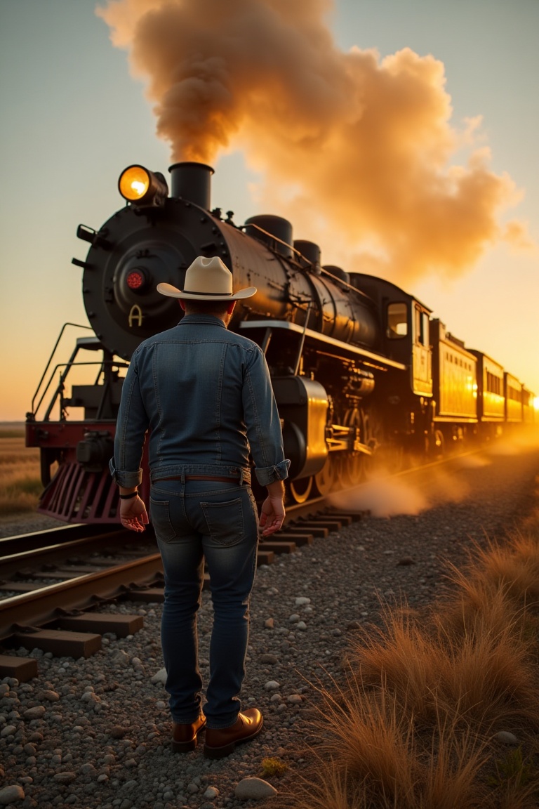 Medium-low angle shot,  singer standing beside a steam-era train at dusk,  denim jacket and cowboy hat silhouetted against...