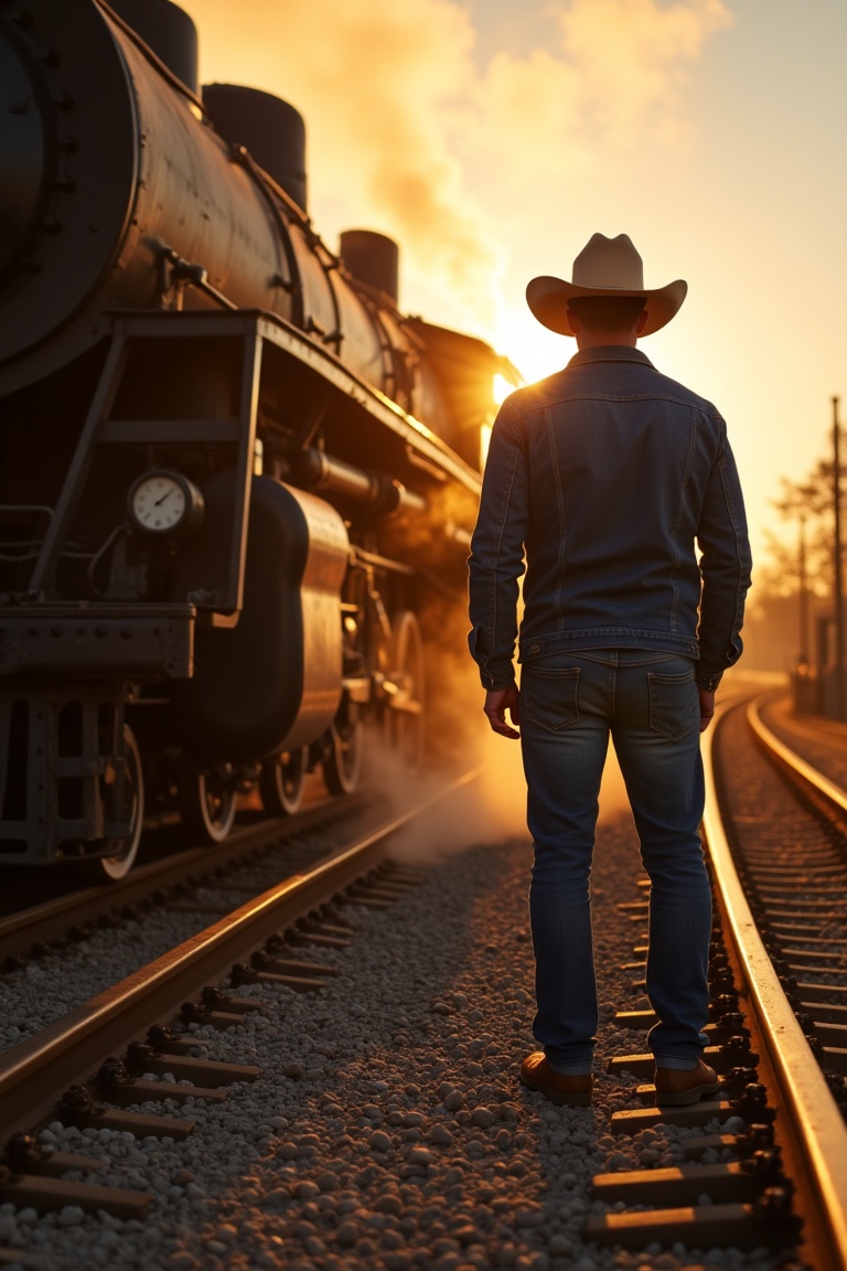 Medium-low angle shot,  singer standing beside a steam-era train at dusk,  denim jacket and cowboy hat silhouetted against...