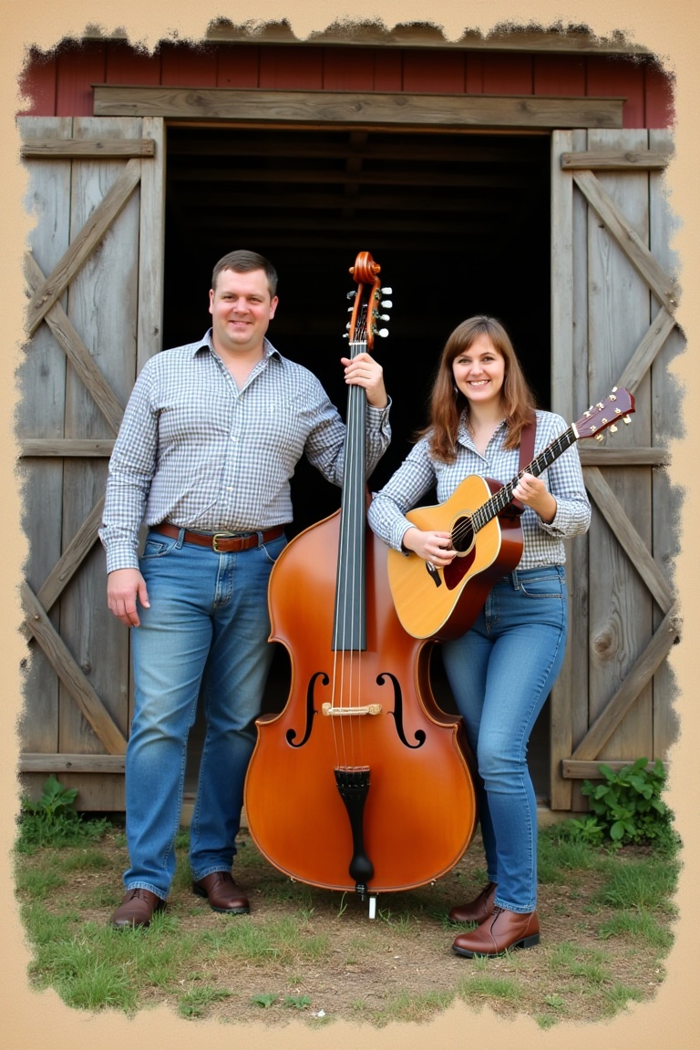 Medium-wide shot,  front-facing pose,  a duo or trio of 1950s country performers posing outside a weathered wooden barn. T...