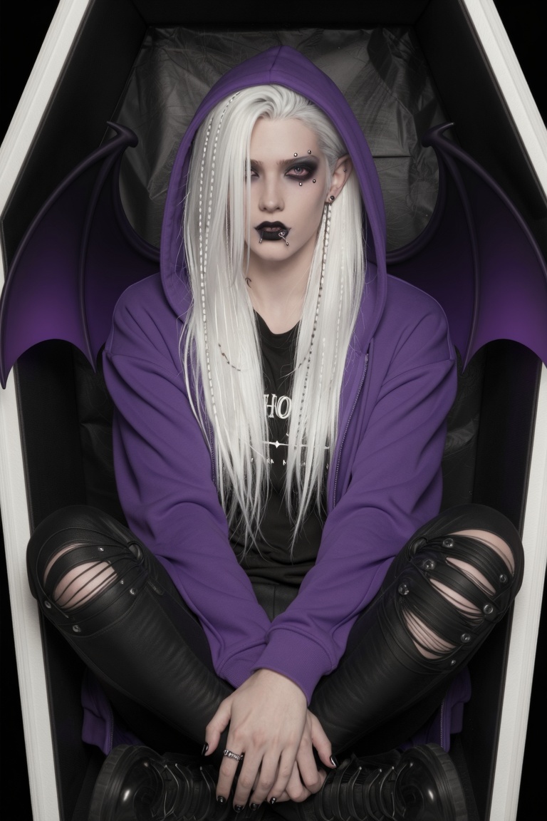 a half-body image of a 1boy with bat wings,  black nails,  ear piercing on Tensor.Art