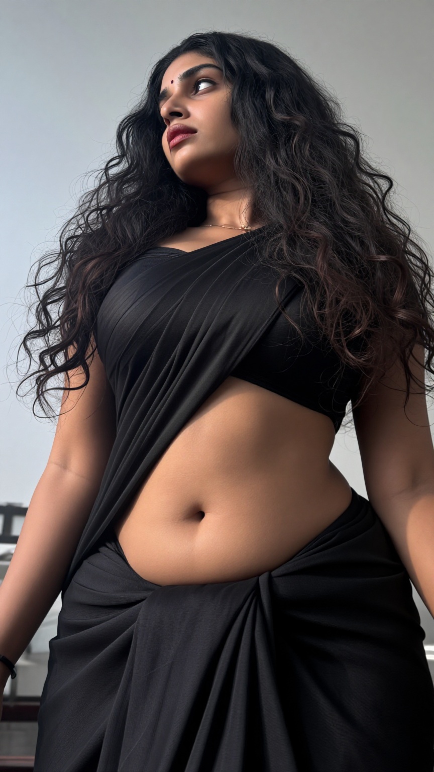 A worm’s-eye view low-angle shot captures a enormous bust young slim woman with a seductive expression. Extreme low rais L...