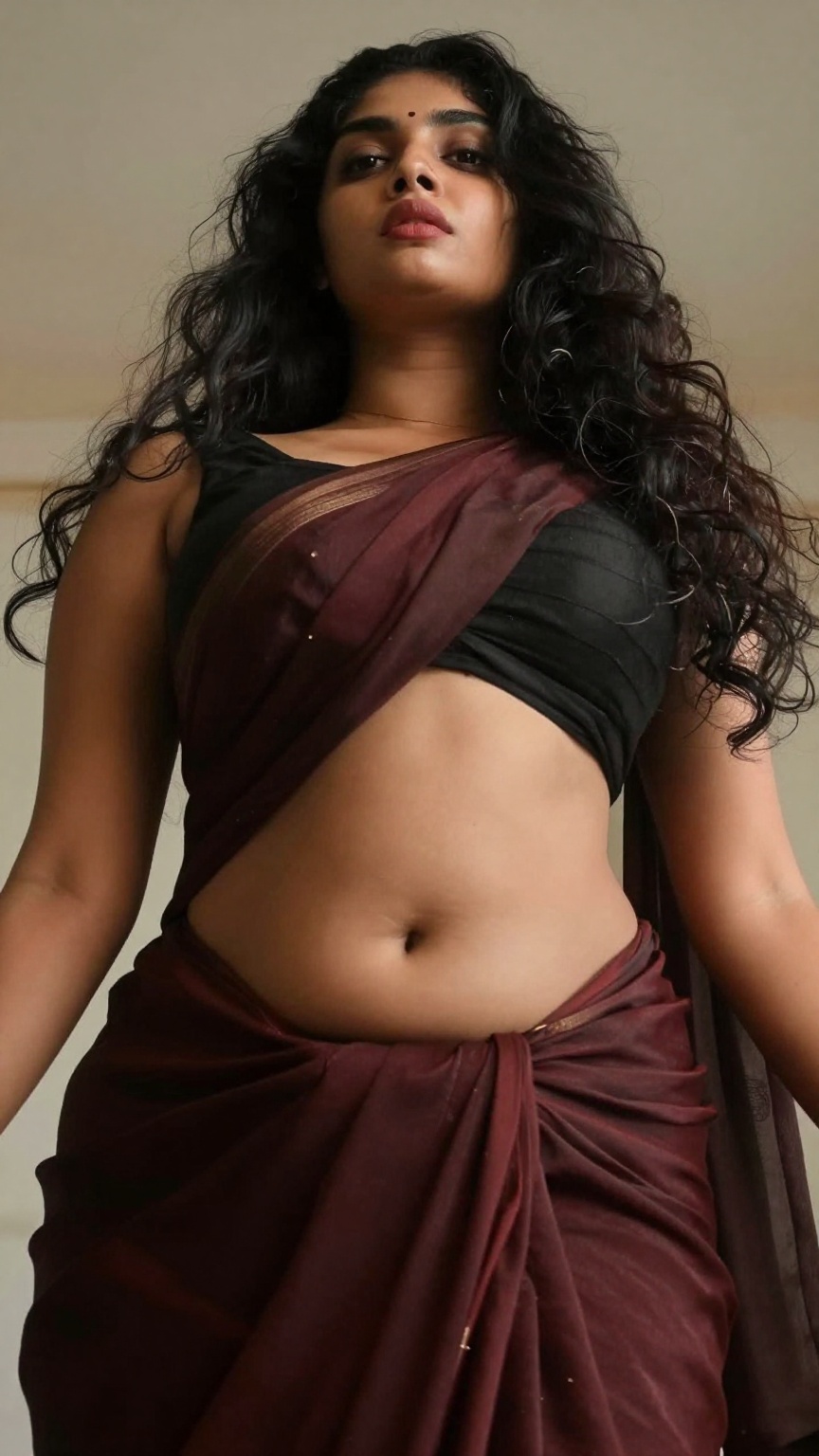 A worm’s-eye view low-angle shot captures a enormous bust young slim woman with a seductive expression. Extreme low rais L...