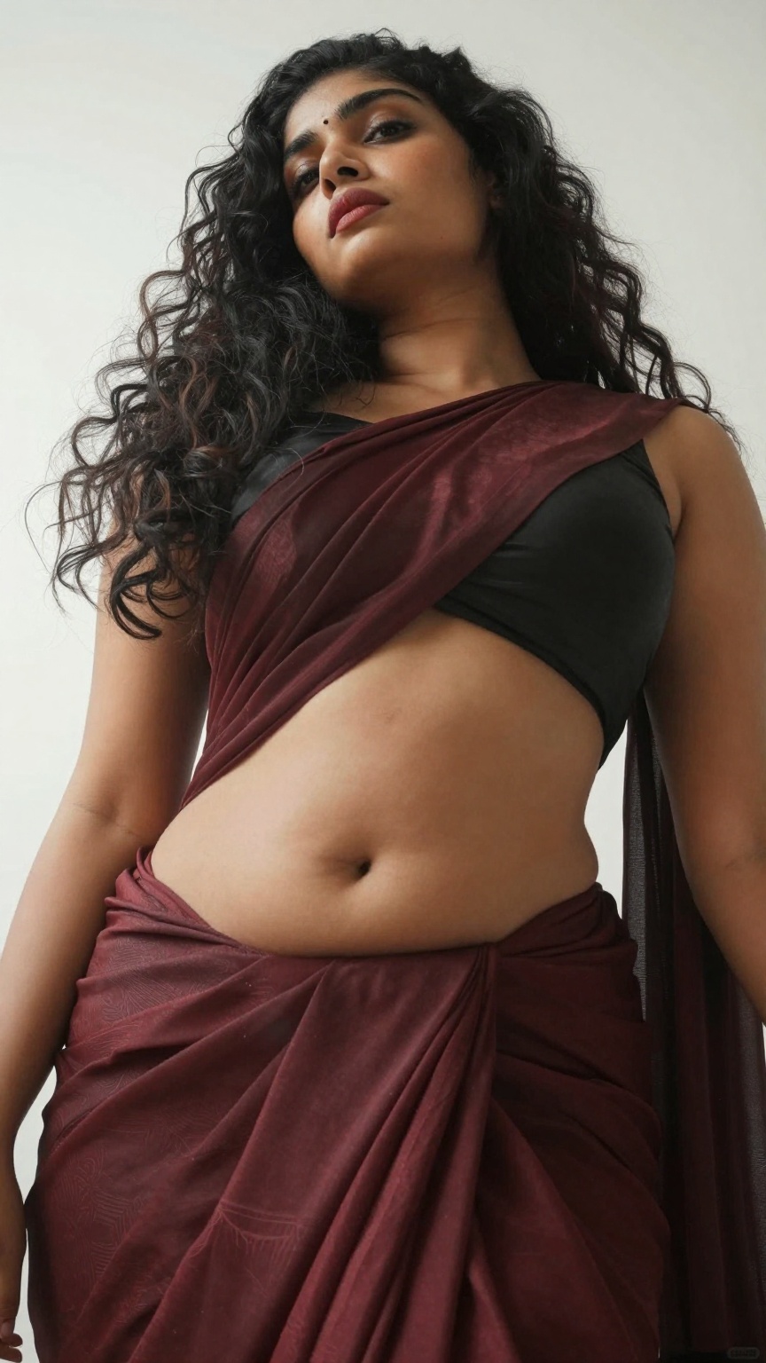 A worm’s-eye view low-angle shot captures a enormous bust young slim woman with a seductive expression. Extreme low rais L...