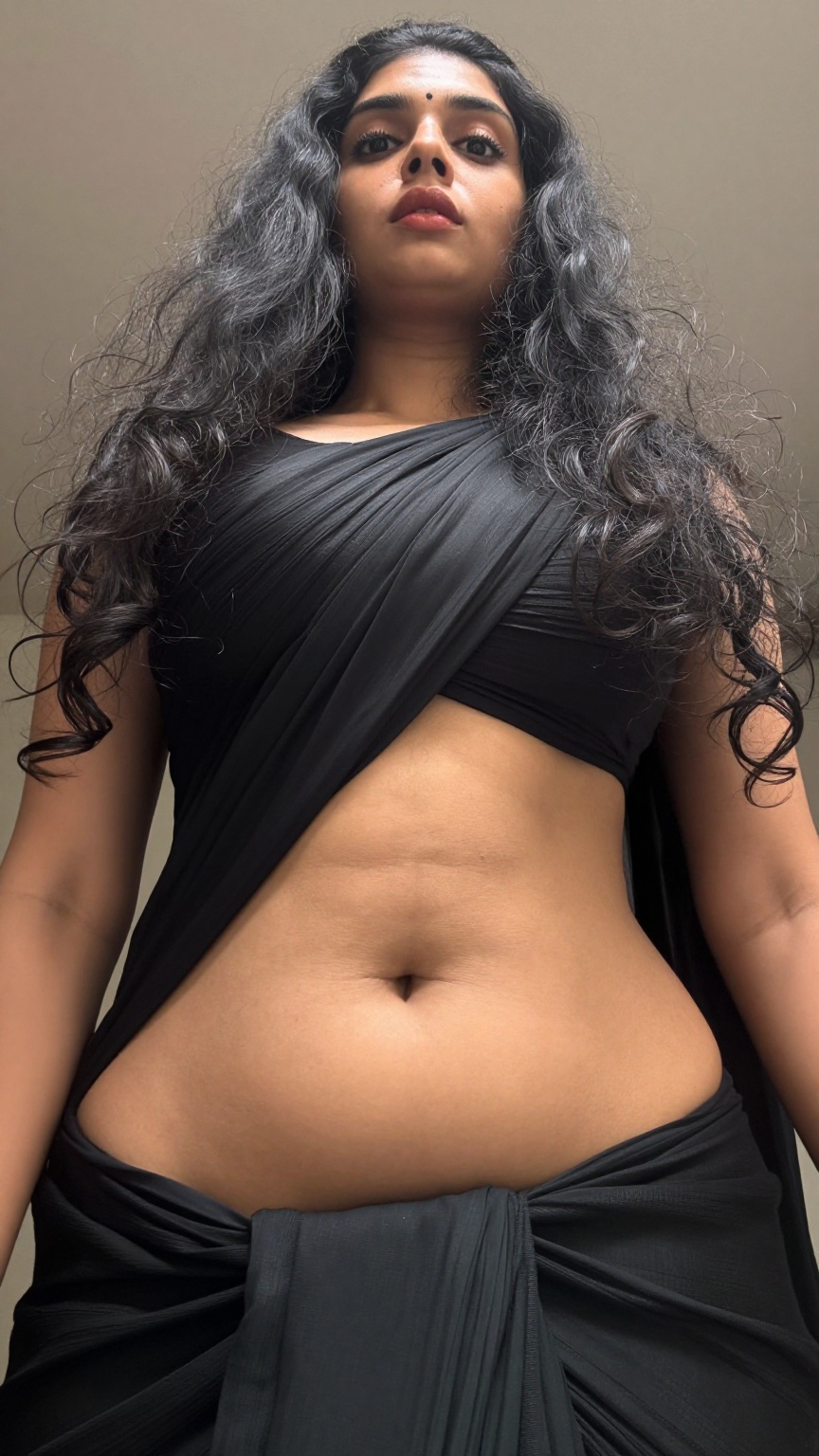 A worm’s-eye view low-angle shot captures a Mallu young slim woman with a seductive expression. Her long,  wavy hair casca...