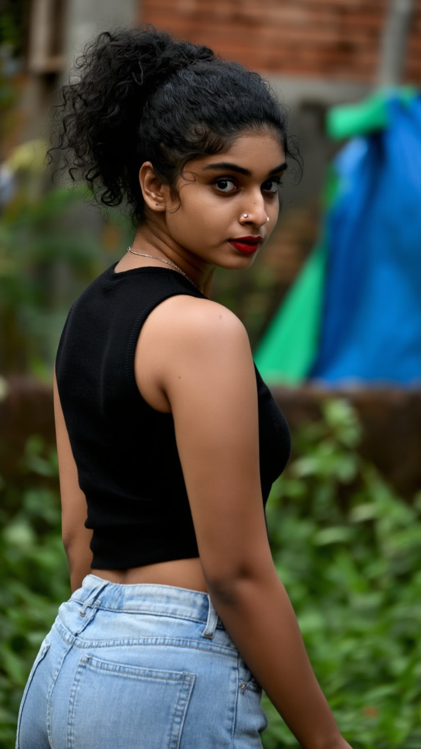 Photograph of a young woman with medium brown skin and curly black hair tied in a high ponytail standing outdoors. She is...