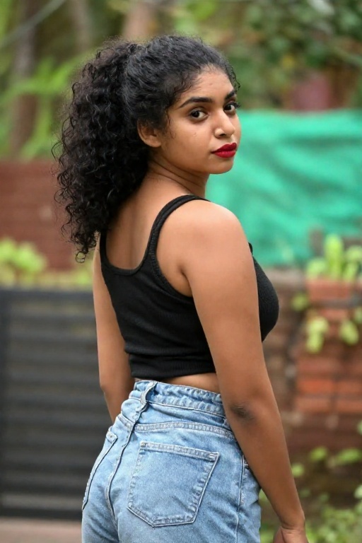 Photograph of a young woman with medium brown skin and curly black hair tied in a high ponytail standing outdoors. She is...