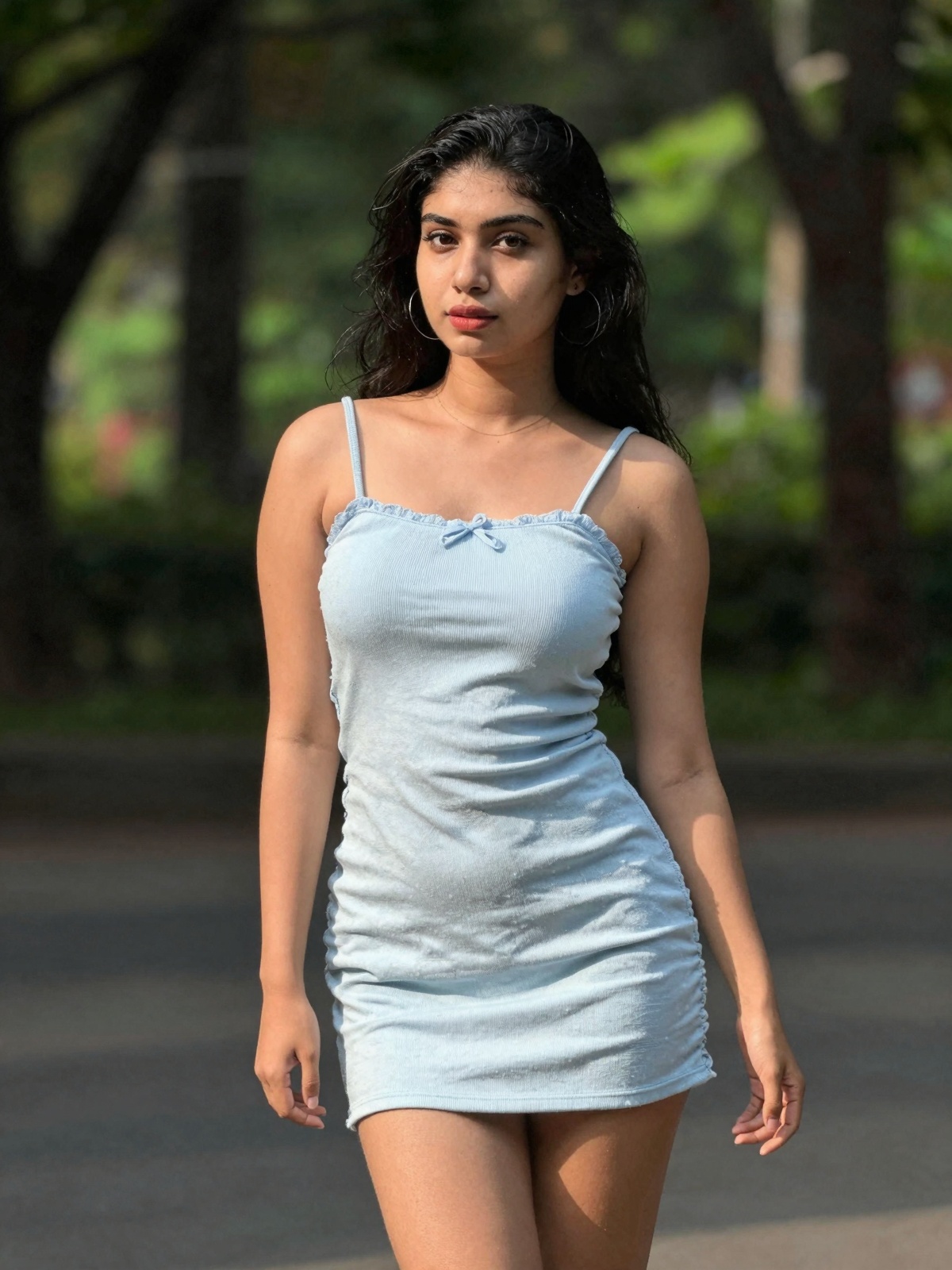 gorgeous woman in her 20s in a cute mini summer dress posing for a sensual photography session at a local park,  Mobile ph...