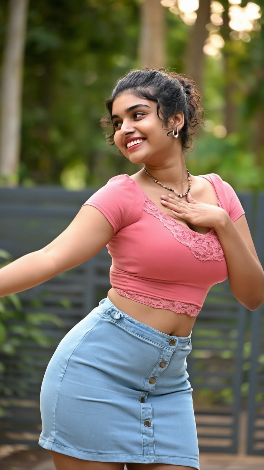 Photograph of a young woman with medium brown skin and dark wavy hair tied back in a loose bun. She is smiling broadly sho...