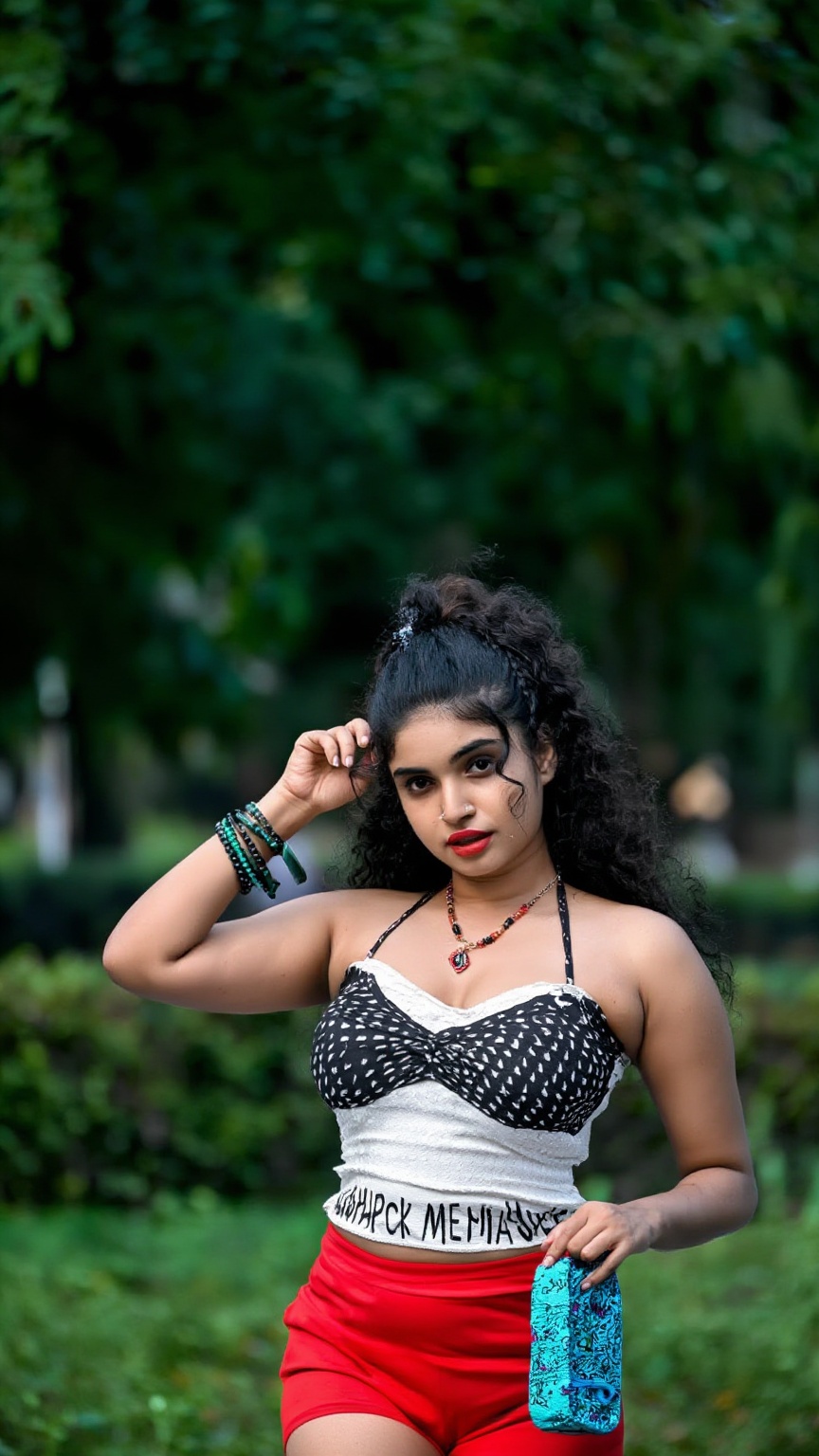 gorgeous random woman in random outfit posing for a sensual photography session at a local park,  Mobile photography,  sho...
