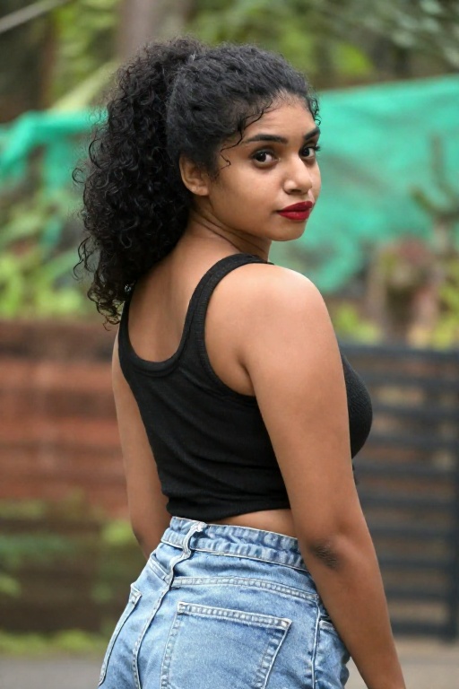 Photograph of a young woman with medium brown skin and curly black hair tied in a high ponytail standing outdoors. She is...