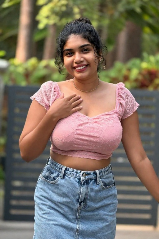 Photograph of a young woman with medium brown skin and dark wavy hair tied back in a loose bun. She is smiling broadly sho...
