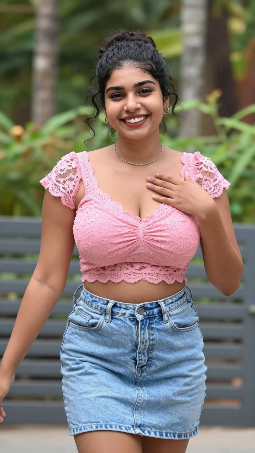 Photograph of a young woman with medium brown skin and dark wavy hair tied back in a loose bun. She is smiling broadly sho...