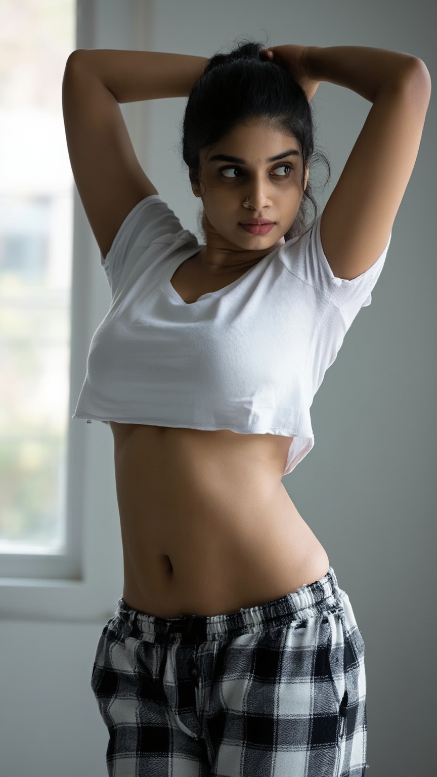 Hyper-realistic photograph of a beautiful young panjabi woman with dark hair in a ponytail,  standing confidently with bot...