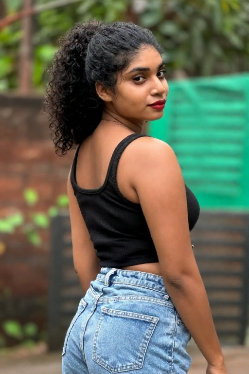 Photograph of a young woman with medium brown skin and curly black hair tied in a high ponytail standing outdoors. She is...