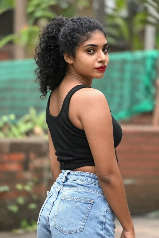 Photograph of a young woman with medium brown skin and curly black hair tied in a high ponytail standing outdoors. She is...