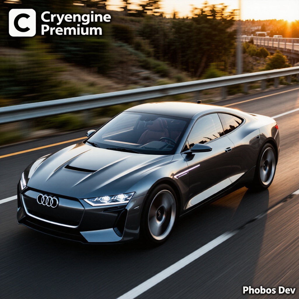 A professional dynamic panning shot of a futuristic Audi concept vehicle,  blending the low-slung aerodynamic design of a...