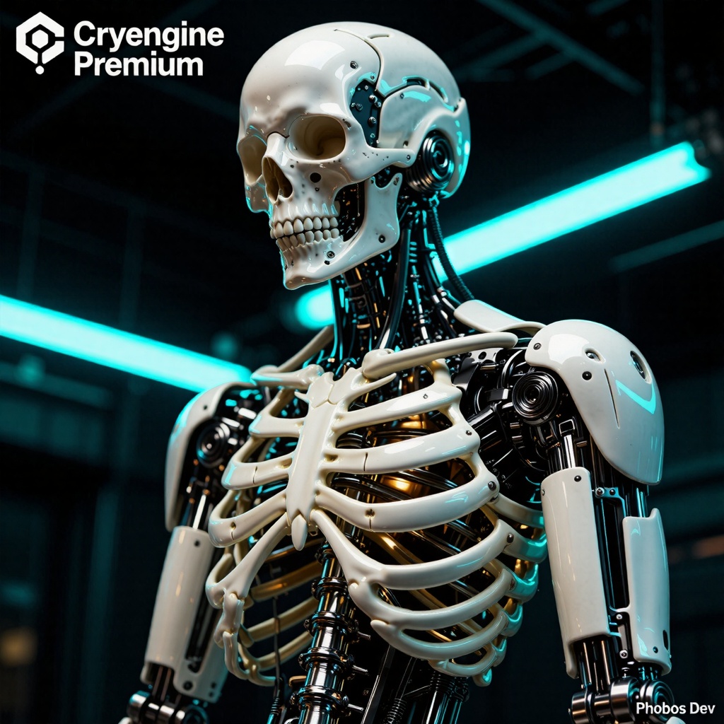 A medium close-up,  three-quarter profile shot of a futuristic cybernetic android skeleton in a dark sci-fi setting. The r...