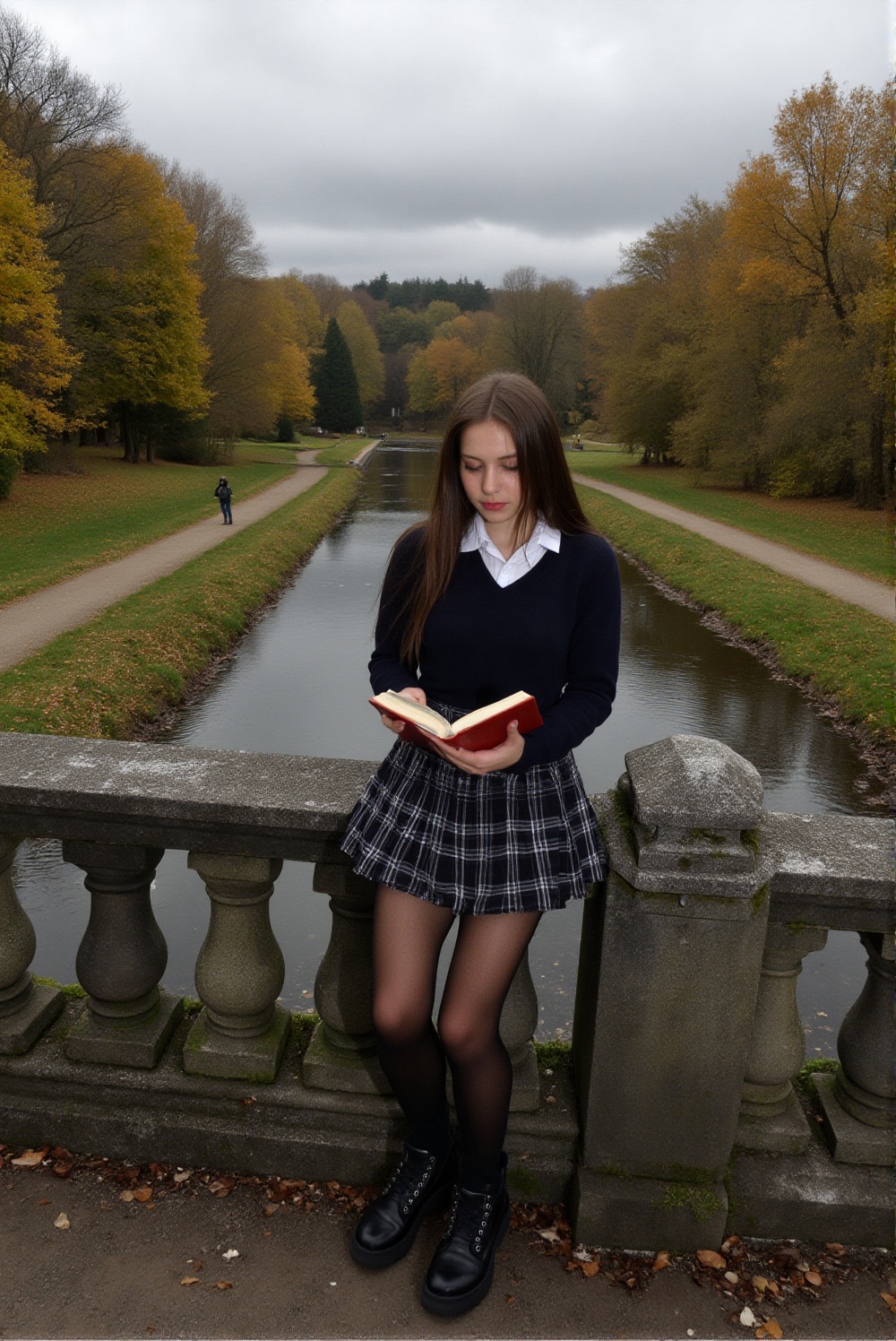 capturing a young woman with long brown hair focused intently on an open red book in her hands while perched on an old sto...