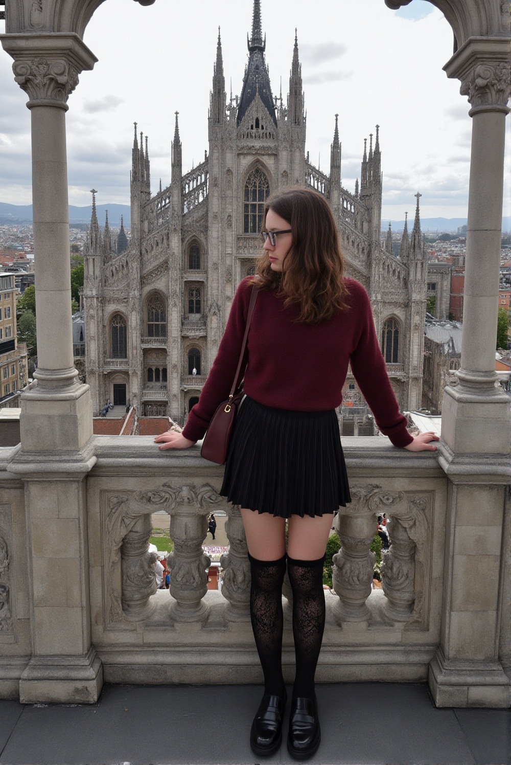 an ultra-wide shot of a young woman with wavy brown hair and glasses standing on the rooftop of a massive cathedral under...