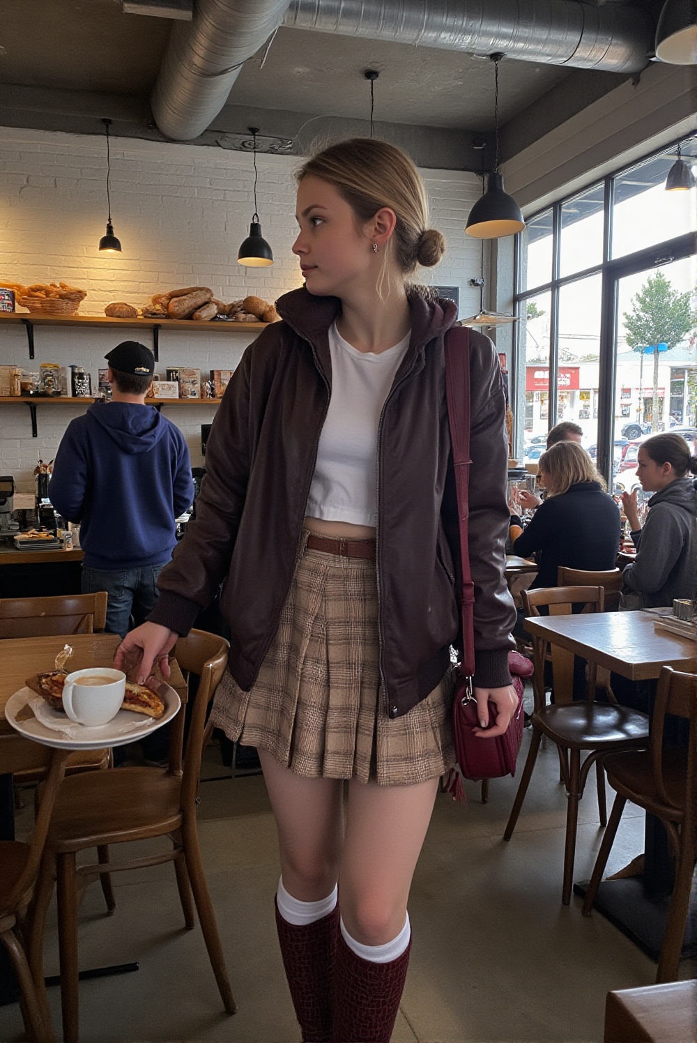 An ultra-wide shot,  capturing a young woman with her hair tied up in a bun standing in profile inside a cozy,  rustic bak...