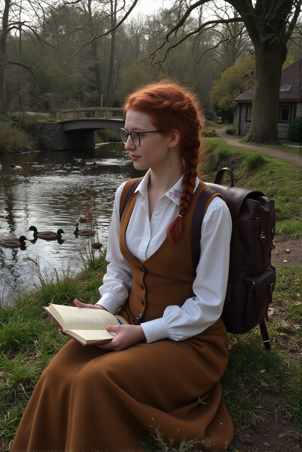 [Core Subject]Character: A young woman with vibrant reddish-brown hair styled in an elegant braided updo. She wears thin,...